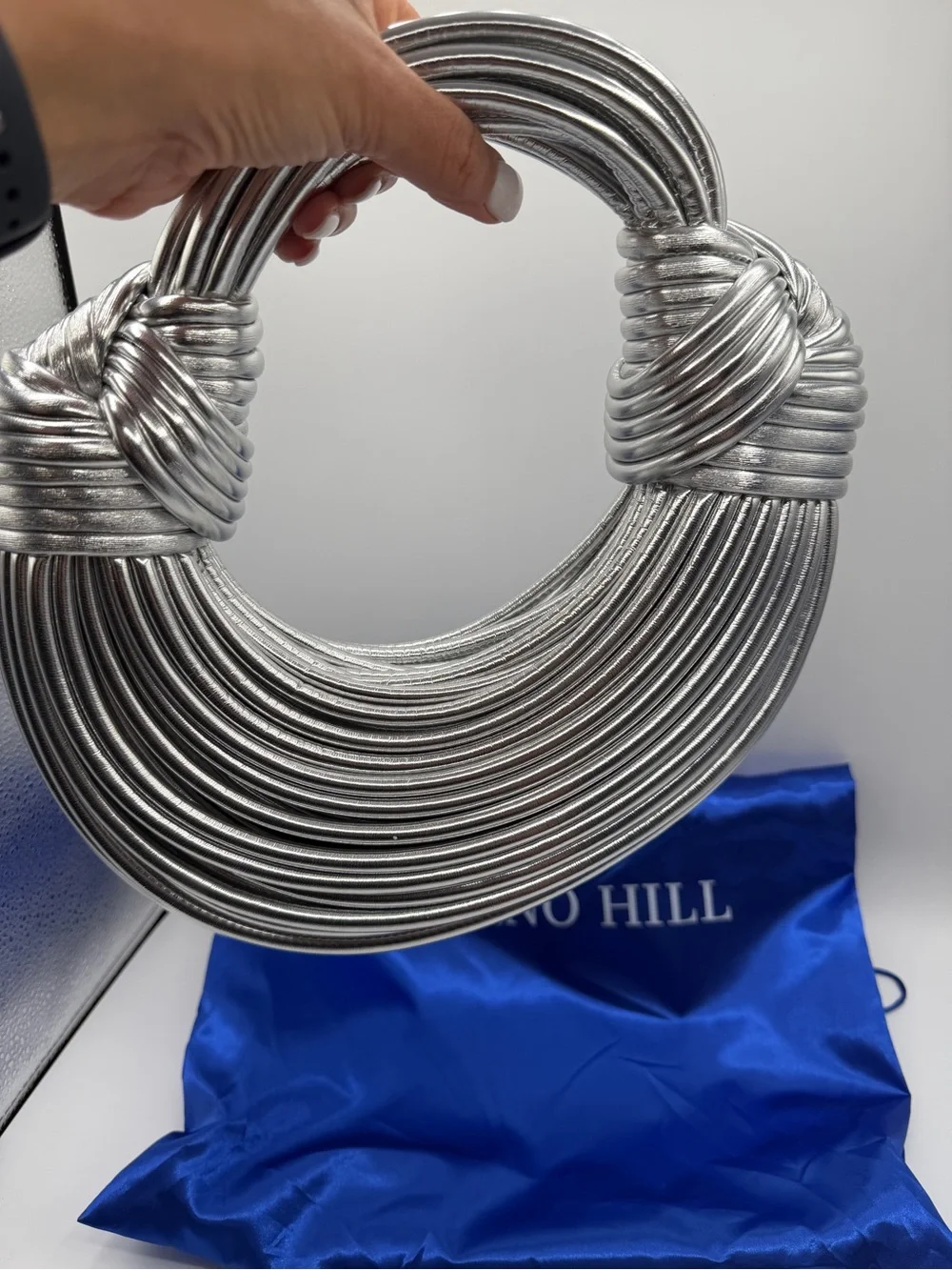 Vernon Hill Amanda Vegan Leather Handbag Silver Knotted Shoulder Bag NWOT